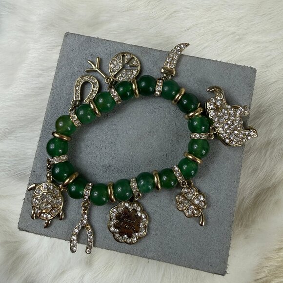 Lucky Jade Beaded Stretch Bracelet Gold Tone Charms w/ Rhinestones - Picture 2 of 4